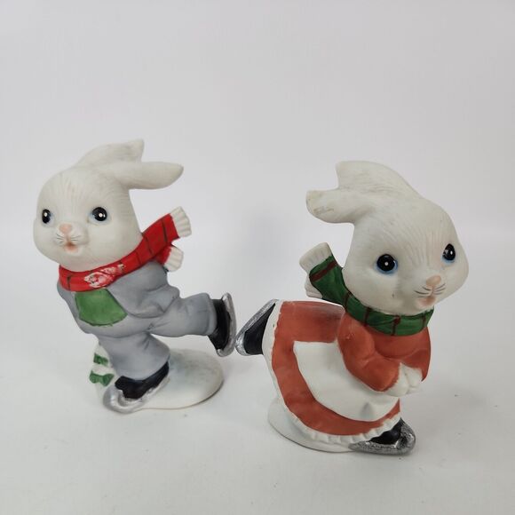 VINTAGE Homco Christmas Ice Skating Bunny Rabbits Boy & Girl 4" Figurines 5305 - Picture 1 of 15